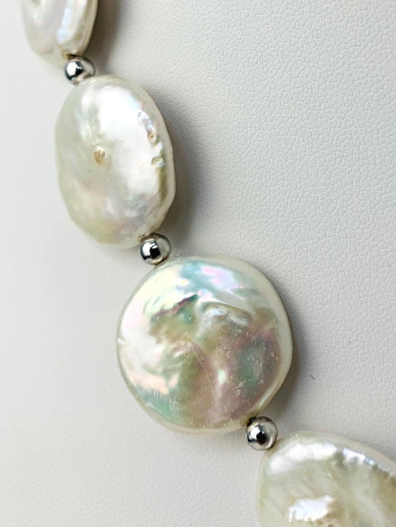 20" Large Freshwater Coin Pearl Necklace With Silver Beads And Clasp in SS - NCK-206-CRDPRLSS-WH-20