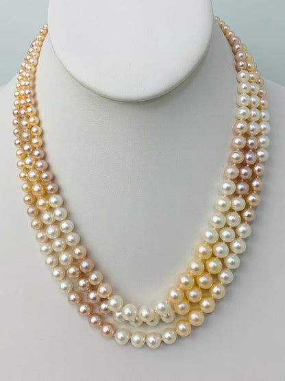 Clearance Sale! - 16" Triple Row Freshwater Pearl Necklace in 14KY - NCK-215-STGPRL14Y-PK-16