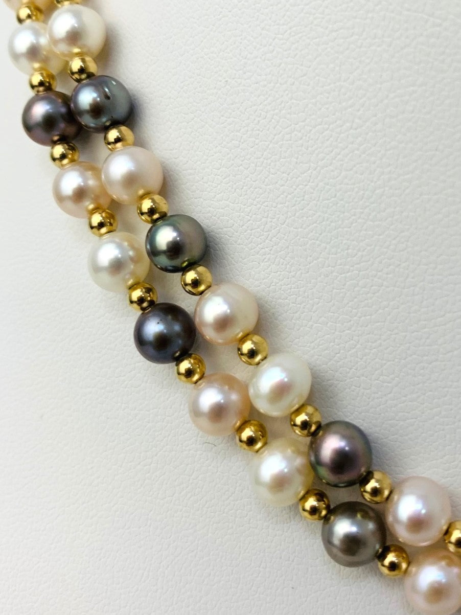 17" Double Row Freshwater Pearl And Gold Bead Necklace in 14KY - NCK-216-CRDPRL14Y-MLT-17