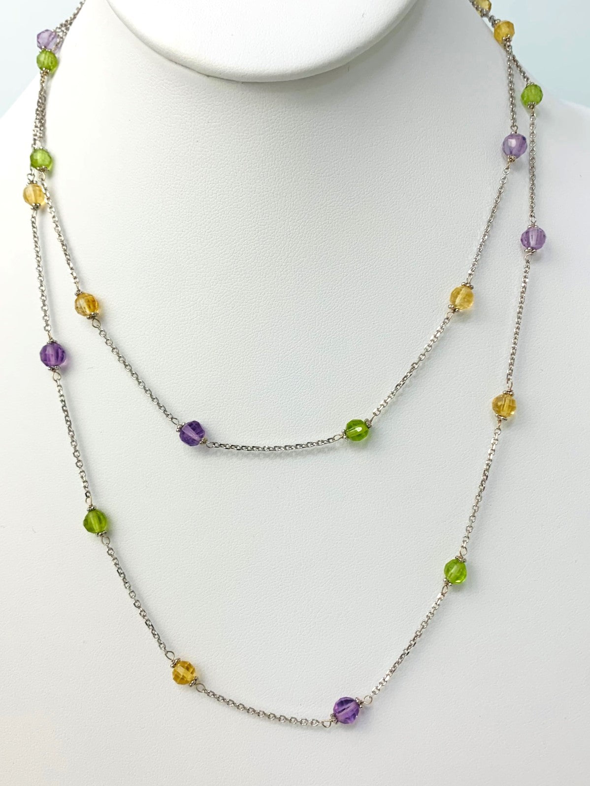 36" Citrine, Peridot, And Amethyst Station Necklace in 14KW - NCK-239-TNCGM14W-MLTI-36
