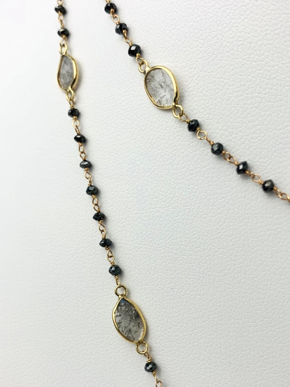 17" Black Diamond Rosary Necklace With Salt White Diamond Slice Stations in 14KY - NCK-247-ROSDIA14Y-BK