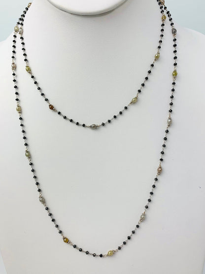 18"-39"  Black Diamond Rosary Necklace With Grey, Brown, and Yellow Rustic Diamond and White Gold Rondelle Accents in 14KW - NCK-266-ROSDIA14W-ERTH
