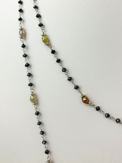 18"-39"  Black Diamond Rosary Necklace With Grey, Brown, and Yellow Rustic Diamond and White Gold Rondelle Accents in 14KW - NCK-266-ROSDIA14W-ERTH