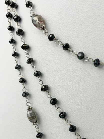 52" Large Black Diamond Rosary With Oval Grey Diamond And White Gold Rosary Accents in 14KW - NCK-268-ROSDIA14W-GRYBK-52