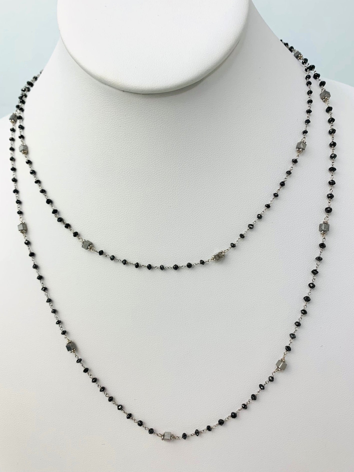 37" Black Diamond Rosary Necklace With Grey Cube Diamond Accents in 14KW - NCK-269-ROSDIA14W-GRYBK-37