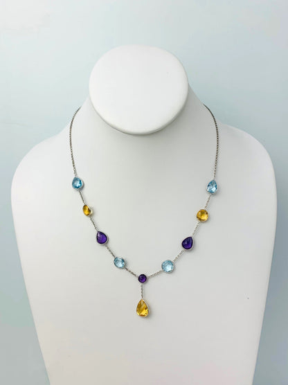 18" Multicolor Round And Pear Briolette Lariat Bezel Necklace With Pear Drop in 14KW - NCK-326-BZGM14W-MLTI-18