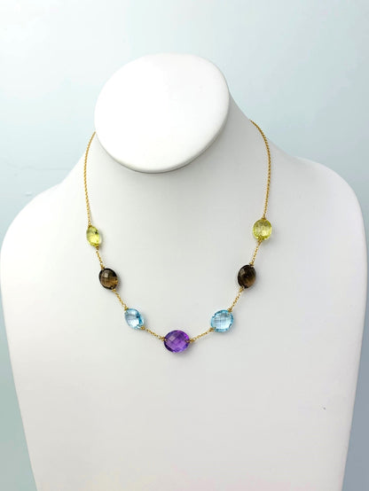 17" - 18" 7 Station Multicolored Rose Cut Oval Necklace in 14KY - NCK-341-TNCGM14Y-MLTI-17A