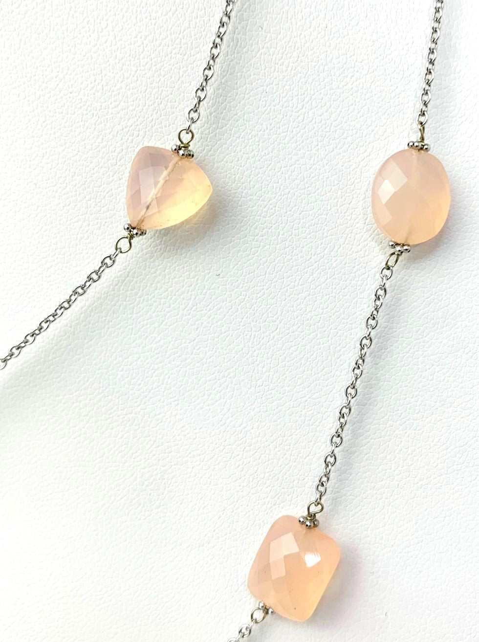 Clearance Sale! - 36" Rose Quartz Round, Oval, Trilliant And Rectangular Checkerboard Bead Station Necklace in 14KW - NCK-348-TNCGM14W-RQ-37