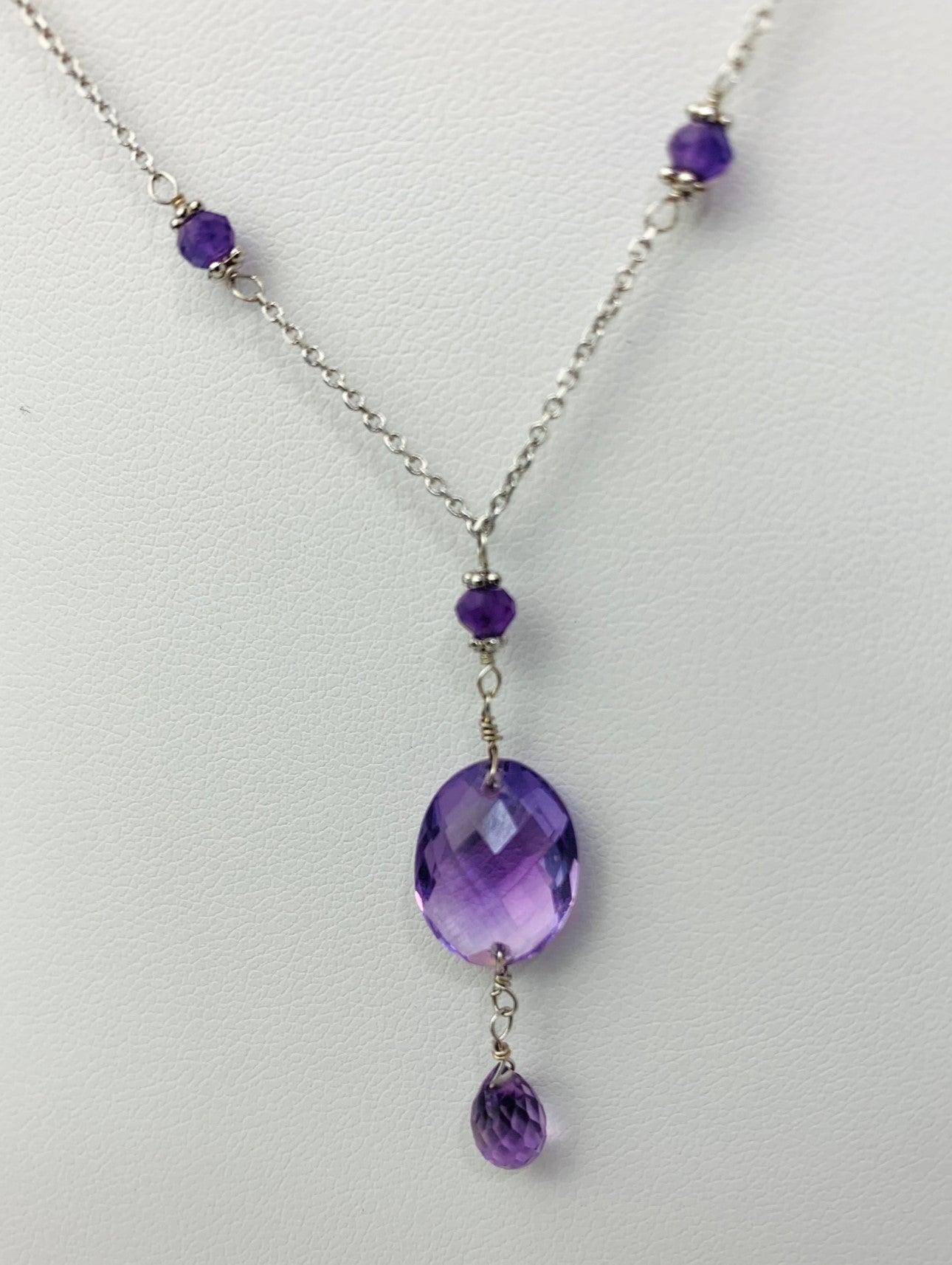 16" - 17" Inch Amethyst Station Necklace With Oval Checkerboard And Briolette Lariat Drop in 14KW - NCK-350-TNCDRPGM14W-AM-17