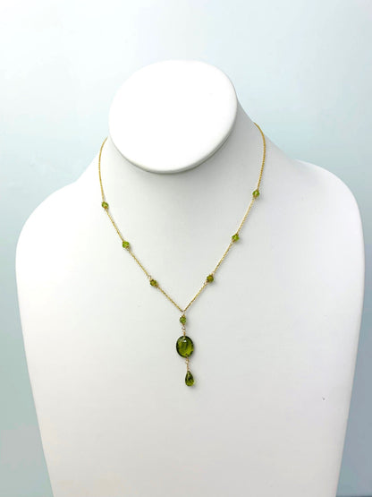 16-17" Peridot Station Necklace With Oval Checkerboard And Briolette Lariat Drop in 14KY - NCK-351-TNCDRPGM14Y-PDT-17
