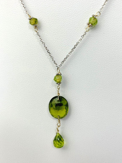 16-17" Peridot Station Necklace With Oval Checkerboard And Briolette Lariat Drop in 14KW - NCK-351-TNCDRPGM14W-PDT-17