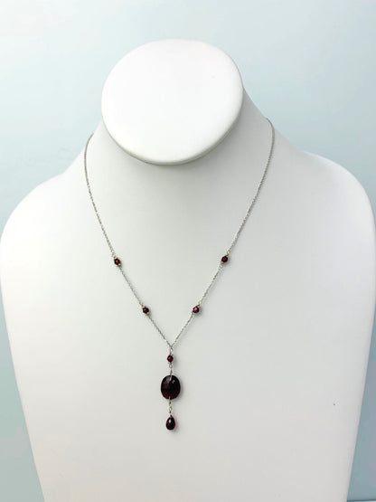 16-17" Garnet Station Necklace With Oval Checkerboard And Briolette Lariat Drop in 14KW - NCK-352-TNCDRPGM14W-GNT-17