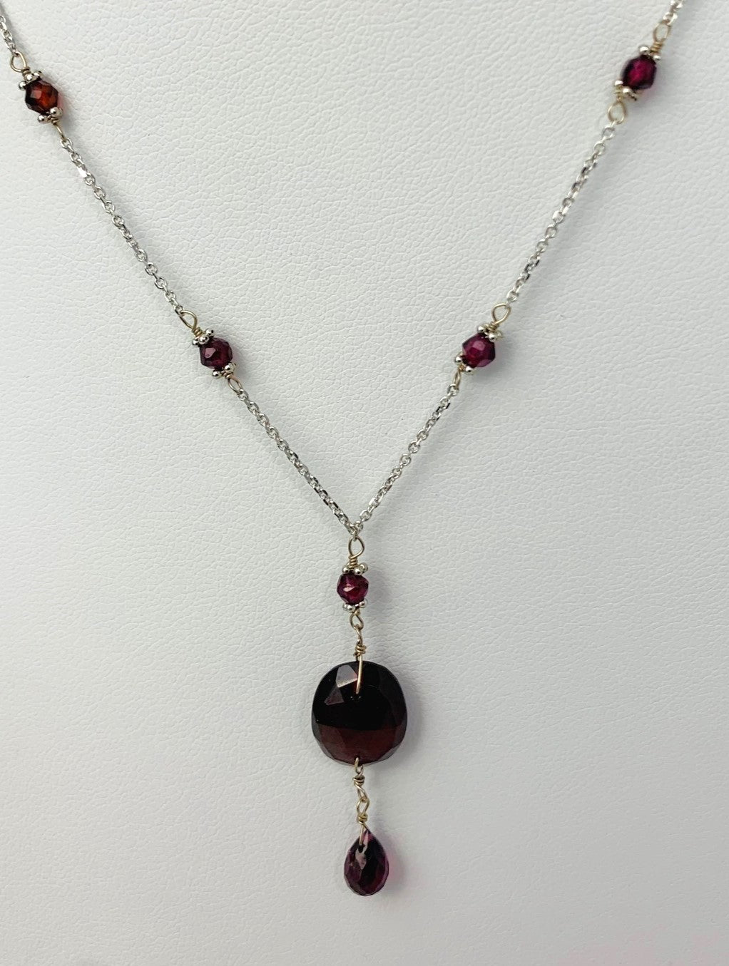 16-17" Garnet Station Necklace With Oval Checkerboard And Briolette Lariat Drop in 14KW - NCK-352-TNCDRPGM14W-GNT-17