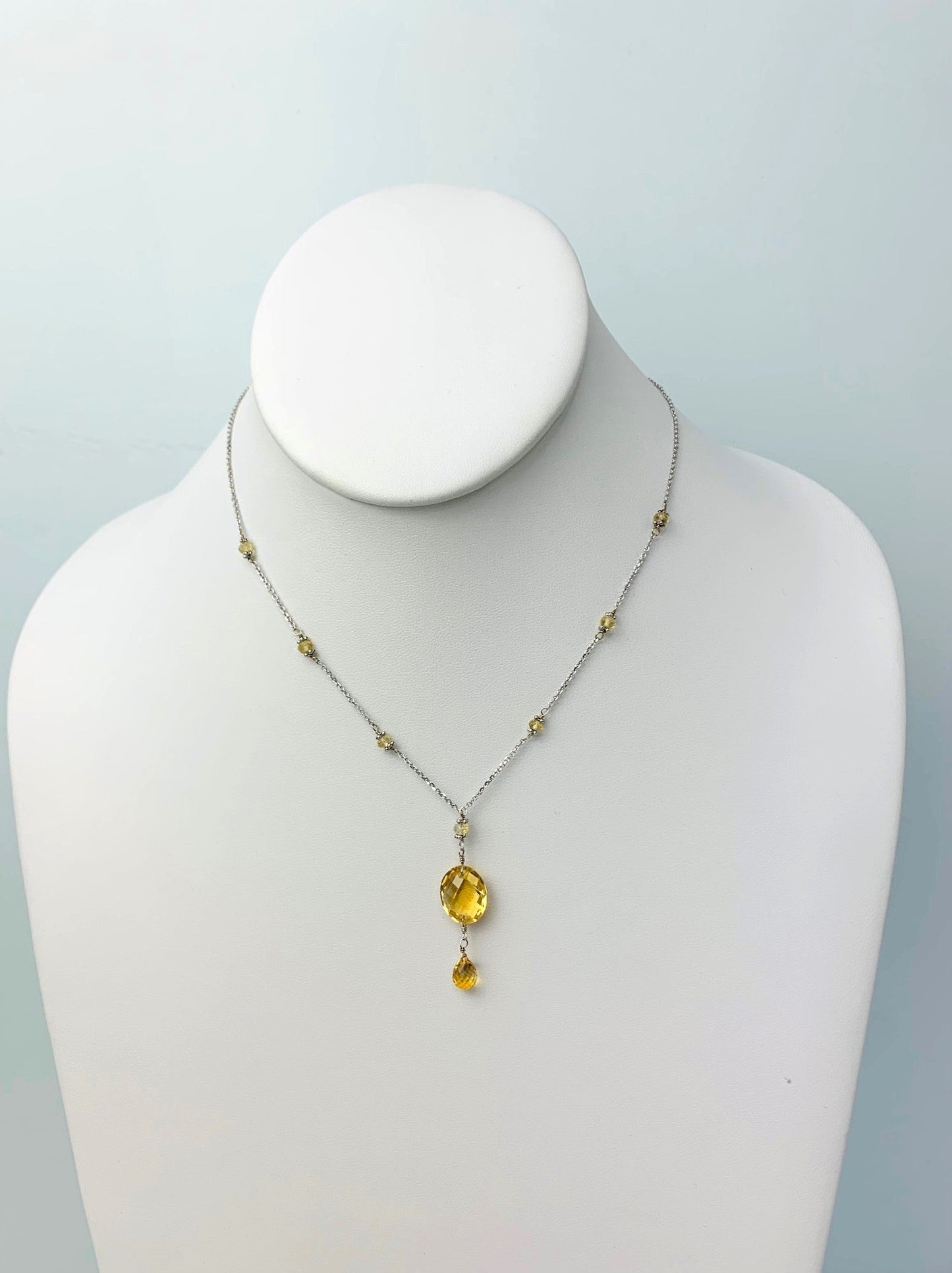 16-17" Citrine Station Necklace With Oval Checkerboard And Briolette Lariat Drop in 14KW - NCK-353-TNCDRPGM14W-CIT-17