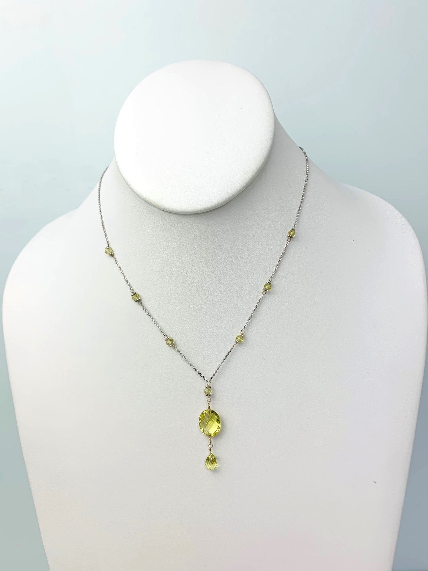 16-17" Lemon Quartz Station Necklace With Oval Checkerboard And Briolette Lariat Drop in 14KW - NCK-354-TNCDRPGM14W-LQ-17