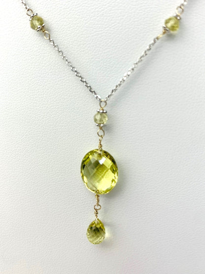 16-17" Lemon Quartz Station Necklace With Oval Checkerboard And Briolette Lariat Drop in 14KW - NCK-354-TNCDRPGM14W-LQ-17