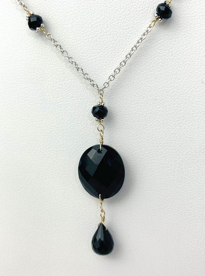 15" Onyx Station Necklace With Oval Checkerboard And Briolette Lariat Drop in 14KW - NCK-355-TNCDRPGM14W-OX-15
