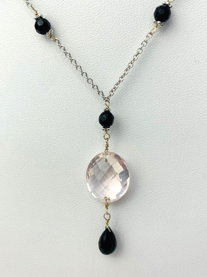 15-16"  Rose Quartz And Onyx Station Necklace With Oval Checkerboard And Briolette Lariat Drop in 14KW - NCK-356-TNCDRPGM14W-RQOX-16