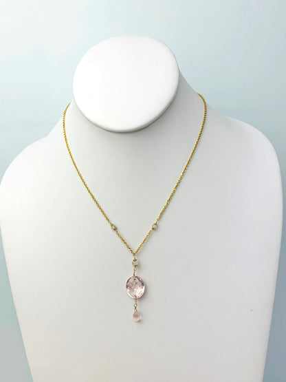 16-17" Rose Quartz Station Necklace With Oval Checkerboard And Briolette Lariat Drop in 14KY - NCK-357-TNCDRPGM14Y-RQ-17