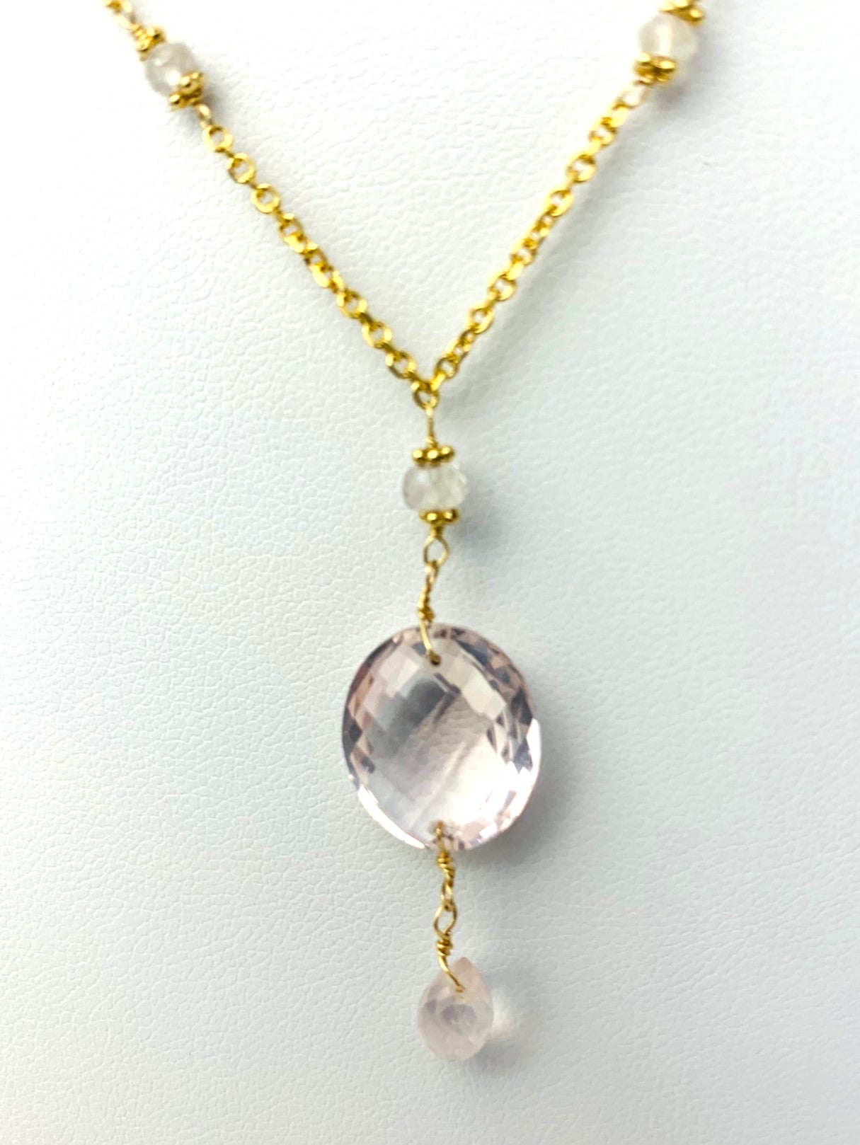 16-17" Rose Quartz Station Necklace With Oval Checkerboard And Briolette Lariat Drop in 14KY - NCK-357-TNCDRPGM14Y-RQ-17