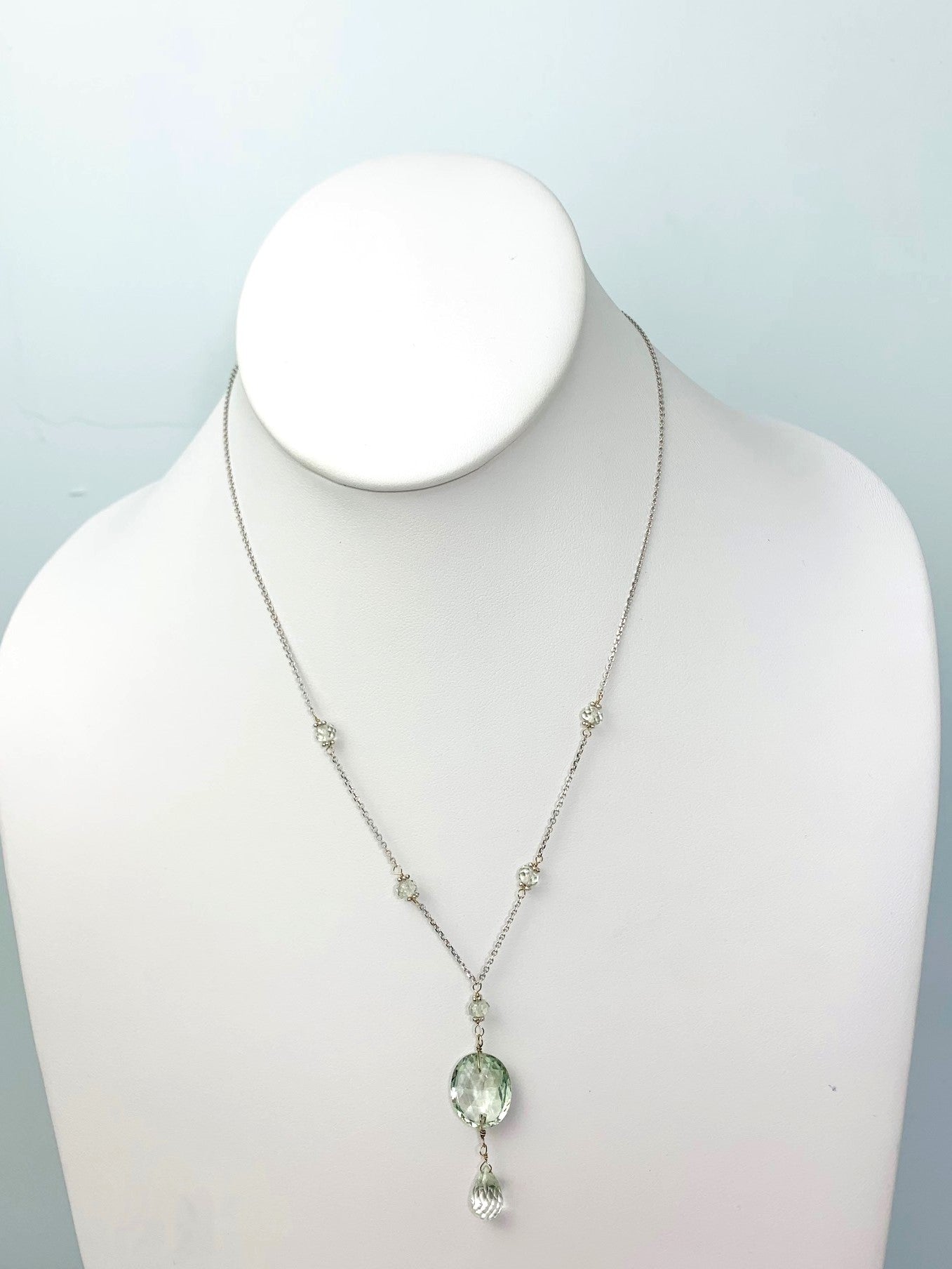 17" Prasiolite (Green Quartz) Station Necklace With Oval Checkerboard And Briolette Lariat Drop in 14KW - NCK-359-TNCDRPGM14W-GQ-17