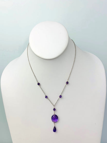 16-17"  Amethyst Station Necklace With Oval Checkerboard And Briolette Lariat Drop in 14KW - NCK-360-TNCDRPGM14W-AMY-17