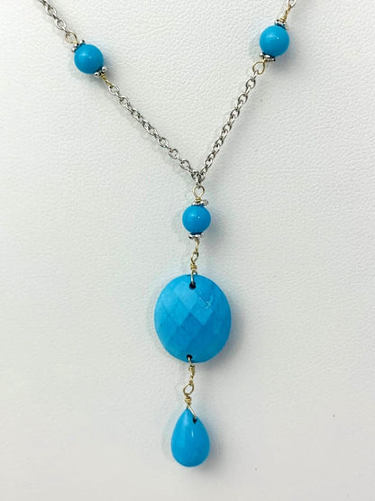 Clearance Sale! - 15-17" Turquoise Station Necklace With Oval Checkerboard And Briolette Lariat Drop in 14KW - NCK-361-TNCDRPGM14W-TQ-16