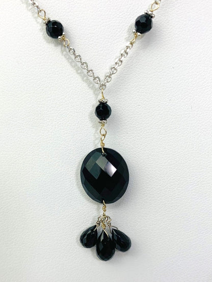 15-16" Onyx Station Necklace With Oval Checkerboard And 3 Briolette Tassel Drop in 14KW - NCK-364-TASTNCGM14W-OX-16