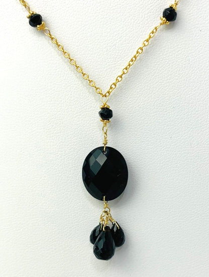 15-16" Onyx Station Necklace With Oval Checkerboard And 3 Briolette Tassel Drop in 14KY - NCK-364-TASTNCGM14Y-OX-16