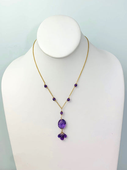 15-16" Amethyst Station Necklace With Oval Checkerboard And 3 Briolette Tassel Drop in 14KY - NCK-365-TASTNCGM14Y-AMY-16