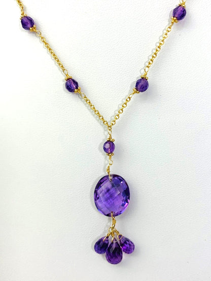 15-16" Amethyst Station Necklace With Oval Checkerboard And 3 Briolette Tassel Drop in 14KY - NCK-365-TASTNCGM14Y-AMY-16