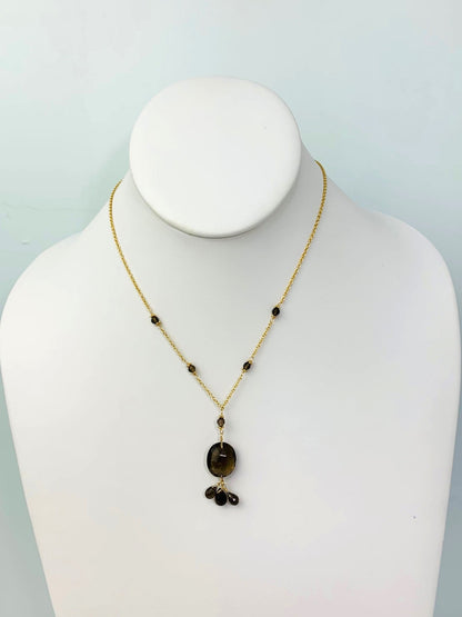 15-16" Smokey Quartz Station Necklace With Oval Checkerboard And 3 Briolette Tassel Drop in 14KY - NCK-367-TASTNCGM14Y-SQ-16