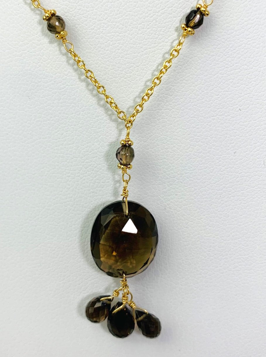 15-16" Smokey Quartz Station Necklace With Oval Checkerboard And 3 Briolette Tassel Drop in 14KY - NCK-367-TASTNCGM14Y-SQ-16