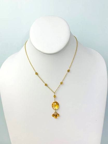 15-16" Citrine Station Necklace With Oval Checkerboard And 3 Briolette Tassel Drop in 14KY - NCK-366-TASTNCGM14Y-CIT-16