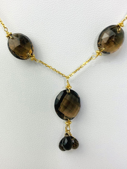Clearance Sale! - 15-16" Smokey Quartz Station Necklace With Oval Checkerboard And 3 Briolette Tassel Drop in 14KY - NCK-369-TASTNCGM14Y-SQ-16