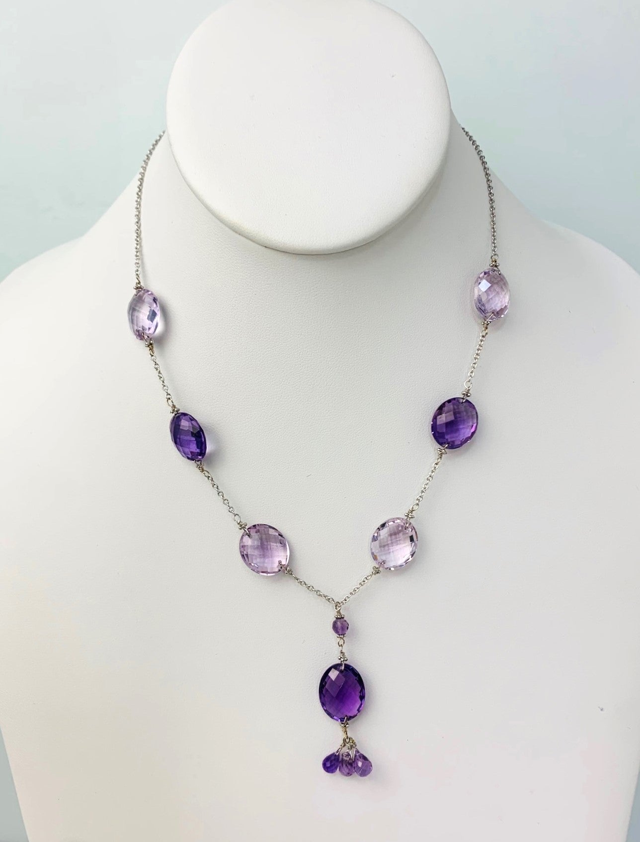 Clearance Sale! - 16-17"  Amethyst Station Necklace With Oval Checkerboard And 3 Briolette Tassel Drop in 14KW - NCK-375-TASTNCGM14W-AMY-17