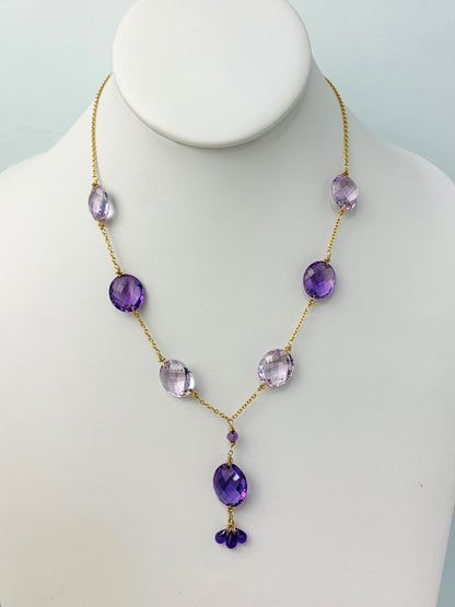 16-17"  Amethyst Station Necklace With Oval Checkerboard And 3 Briolette Tassel Drop in 14KY - NCK-375-TASTNCGM14Y-AMY-17