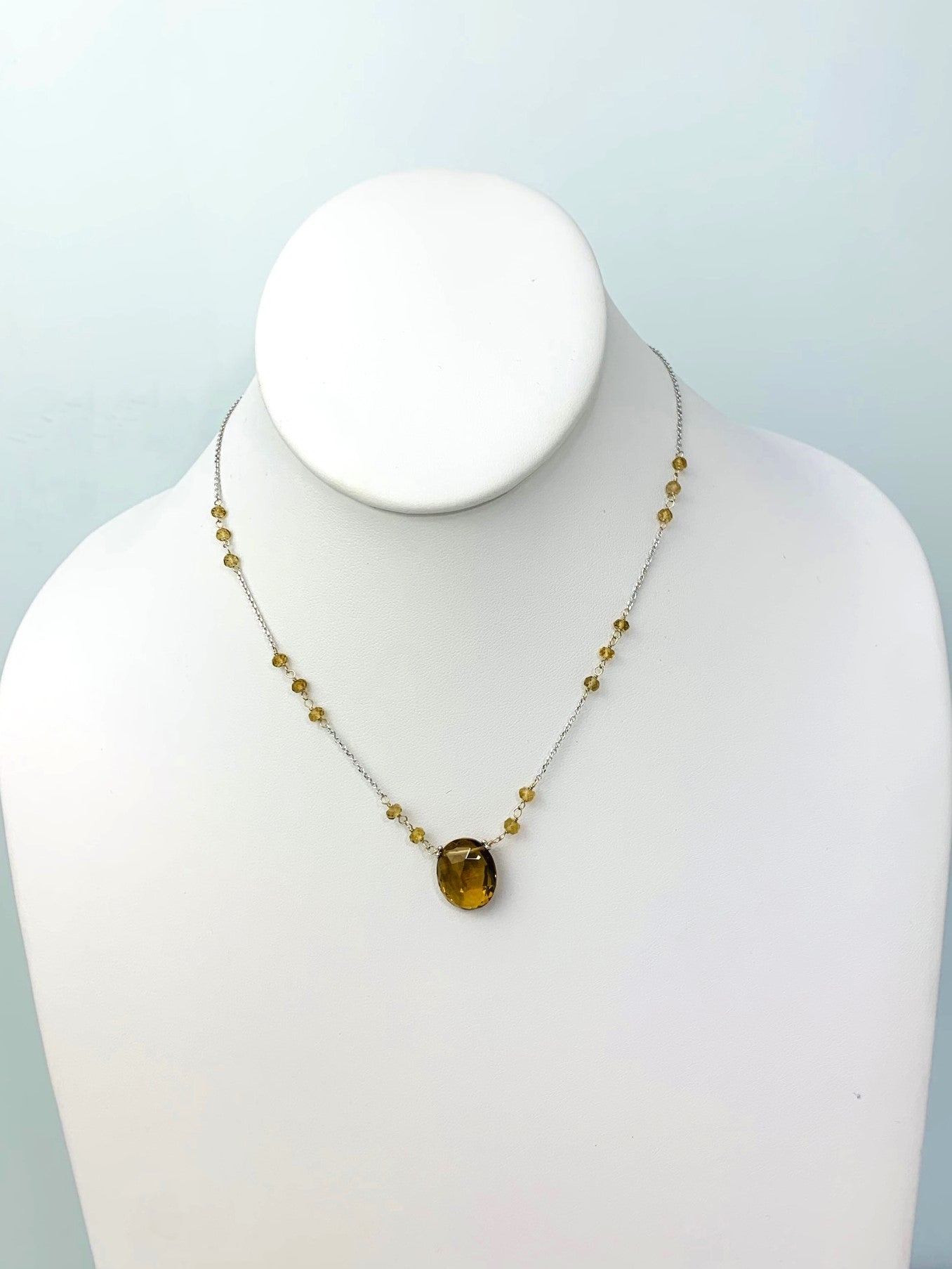 Clearance Sale! - 16-17" Honey Quartz Station Necklace With Oval Center in 14KW - NCK-380-TNCGM14W-HQ-17