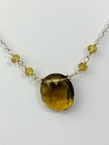 Clearance Sale! - 16-17" Honey Quartz Station Necklace With Oval Center in 14KW - NCK-380-TNCGM14W-HQ-17
