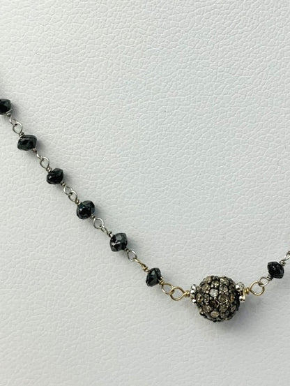 18" Pave Ball Center Black Diamond Rosary Necklace in 14KW, SS - NCK-383-DCOROSDIA14WSS-BLK-18