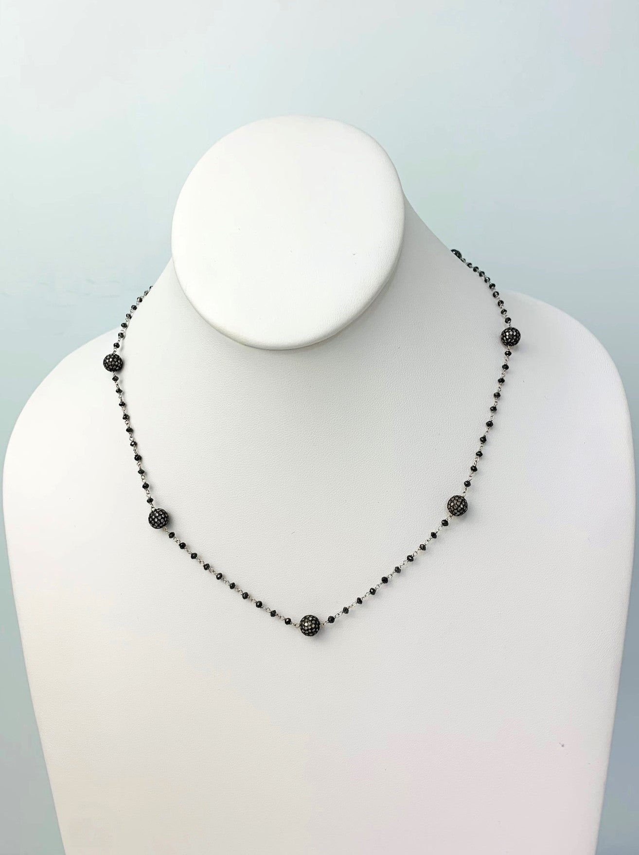 18" Black Diamond Rosary Necklace With Blackened Sterling Silver Pave Diamond Beads in 14KW, SS - NCK-385-DCOROSDIA14WSS-BLKGRY-18 10.6ctw