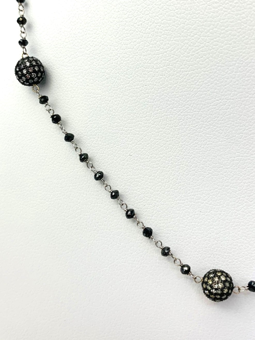 18" Black Diamond Rosary Necklace With Blackened Sterling Silver Pave Diamond Beads in 14KW, SS - NCK-385-DCOROSDIA14WSS-BLKGRY-18 10.6ctw