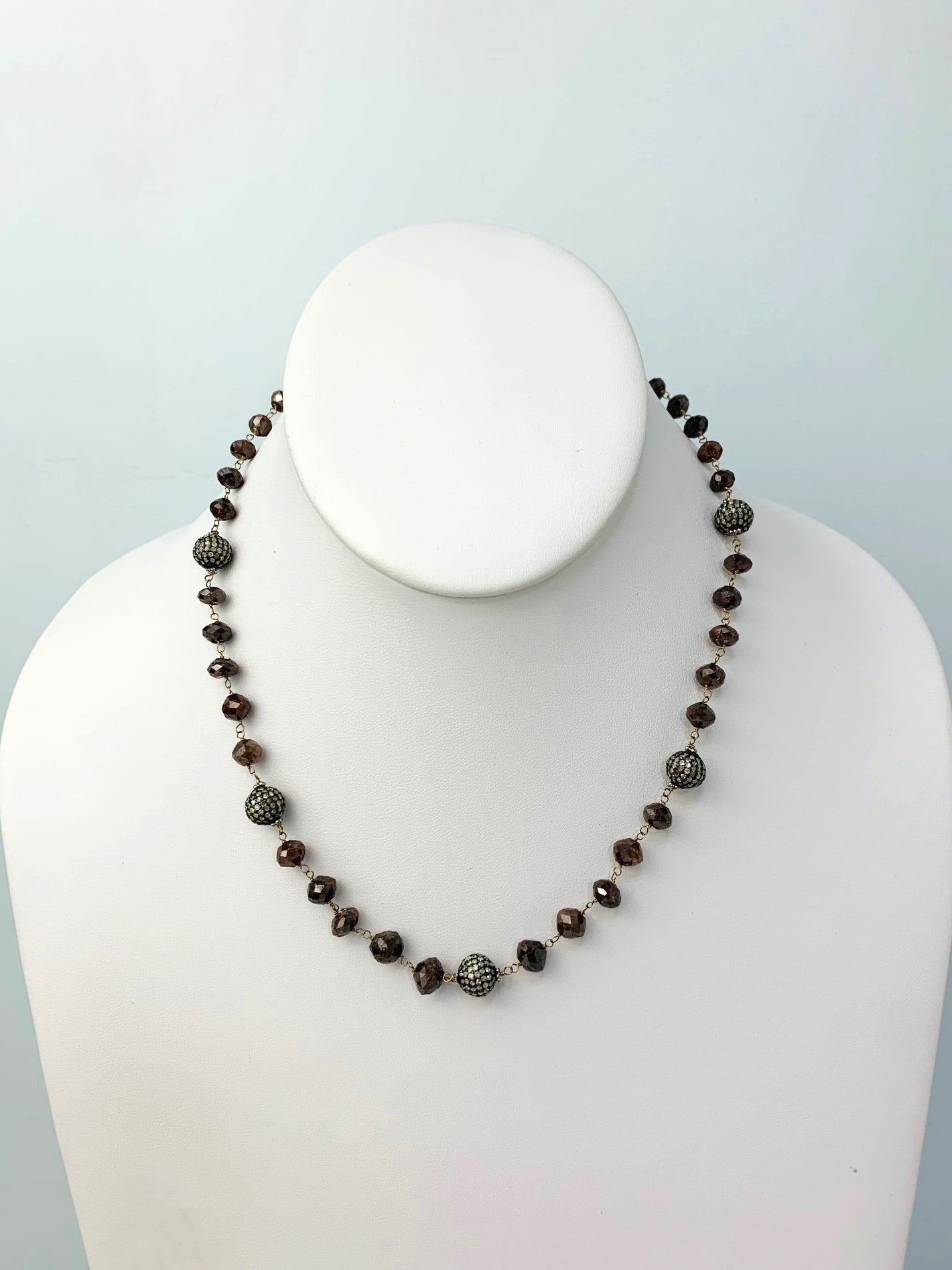 17" Reddish Brown Diamond Rosary Necklace With Blackened Sterling Silver Pave Diamond Beads in 14KW, SS - NCK-387-DCOROSDIA14WSS-BRN-17 55ctw