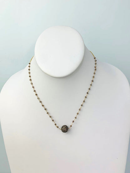 16" Brown Diamond Rosary Necklace With Blackened Silver Pave Diamond Ball Center in 14KY, SS - NCK-389-DCOROSDIA14YSS-BRN-16 7ctw