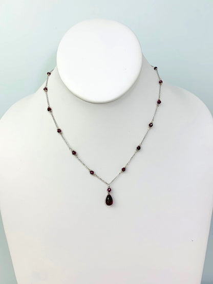 15-16" Garnet Station Necklace With Pear Drop Center in 14KW - NCK-394-TNCDRPGM14W-GNT-16