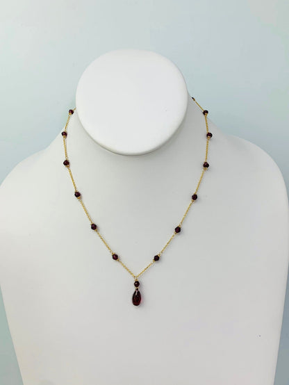 15-16" Garnet Station Necklace With Pear Drop Center in 14KY - NCK-394-TNCDRPGM14Y-GNT-16