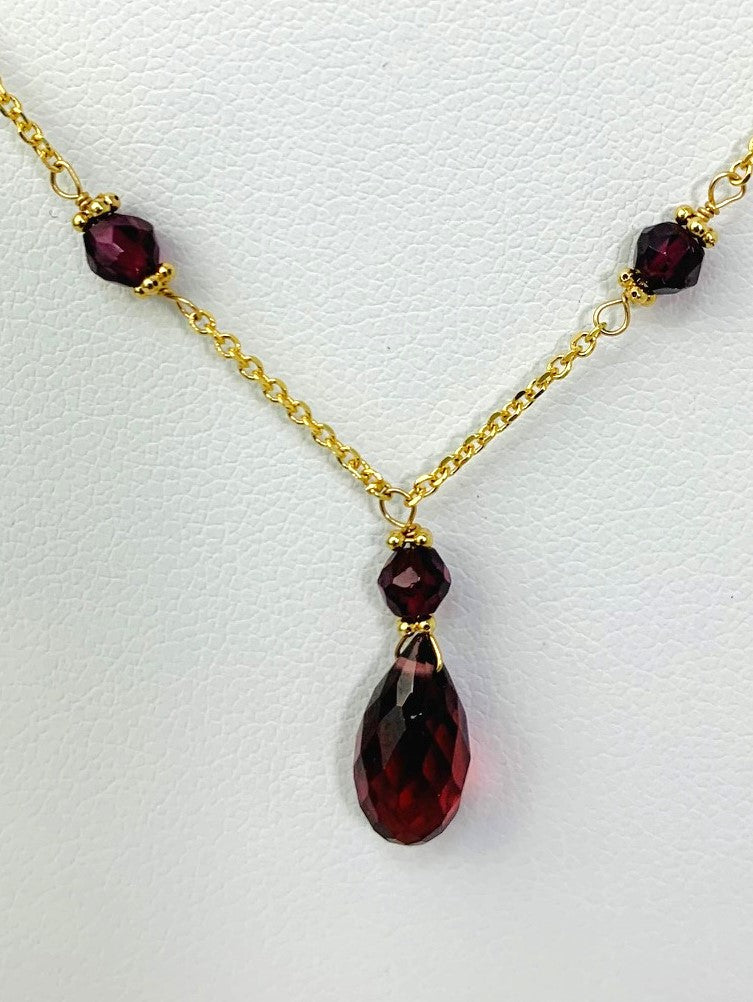15-16" Garnet Station Necklace With Pear Drop Center in 14KY - NCK-394-TNCDRPGM14Y-GNT-16