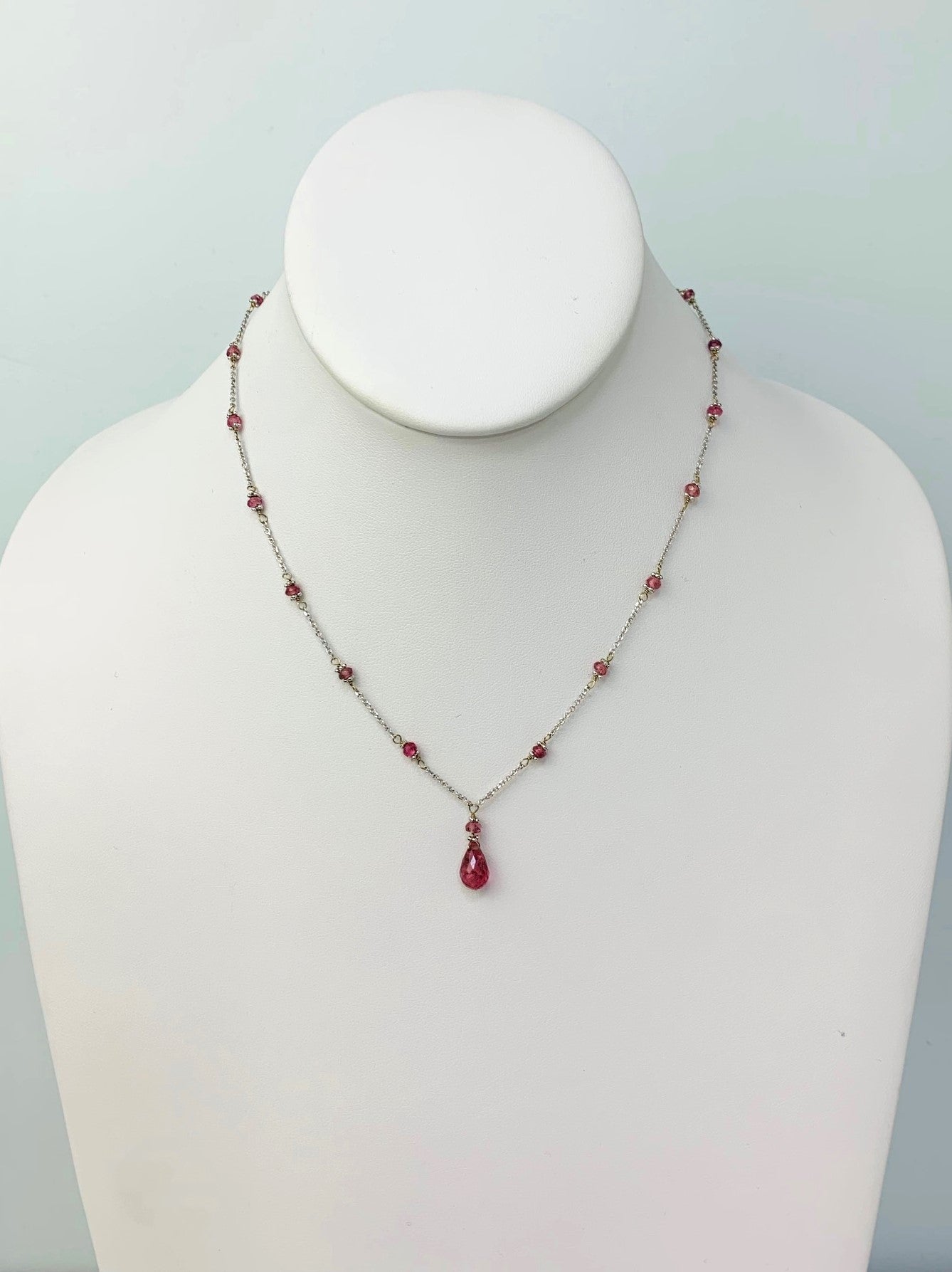 15-16" Pink Tourmaline Station Necklace With Pear Drop Center in 14KW - NCK-395-TNCDRPGM14W-PKT-16