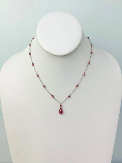 15-16" Pink Tourmaline Station Necklace With Pear Drop Center in 14KW - NCK-395-TNCDRPGM14W-PKT-16
