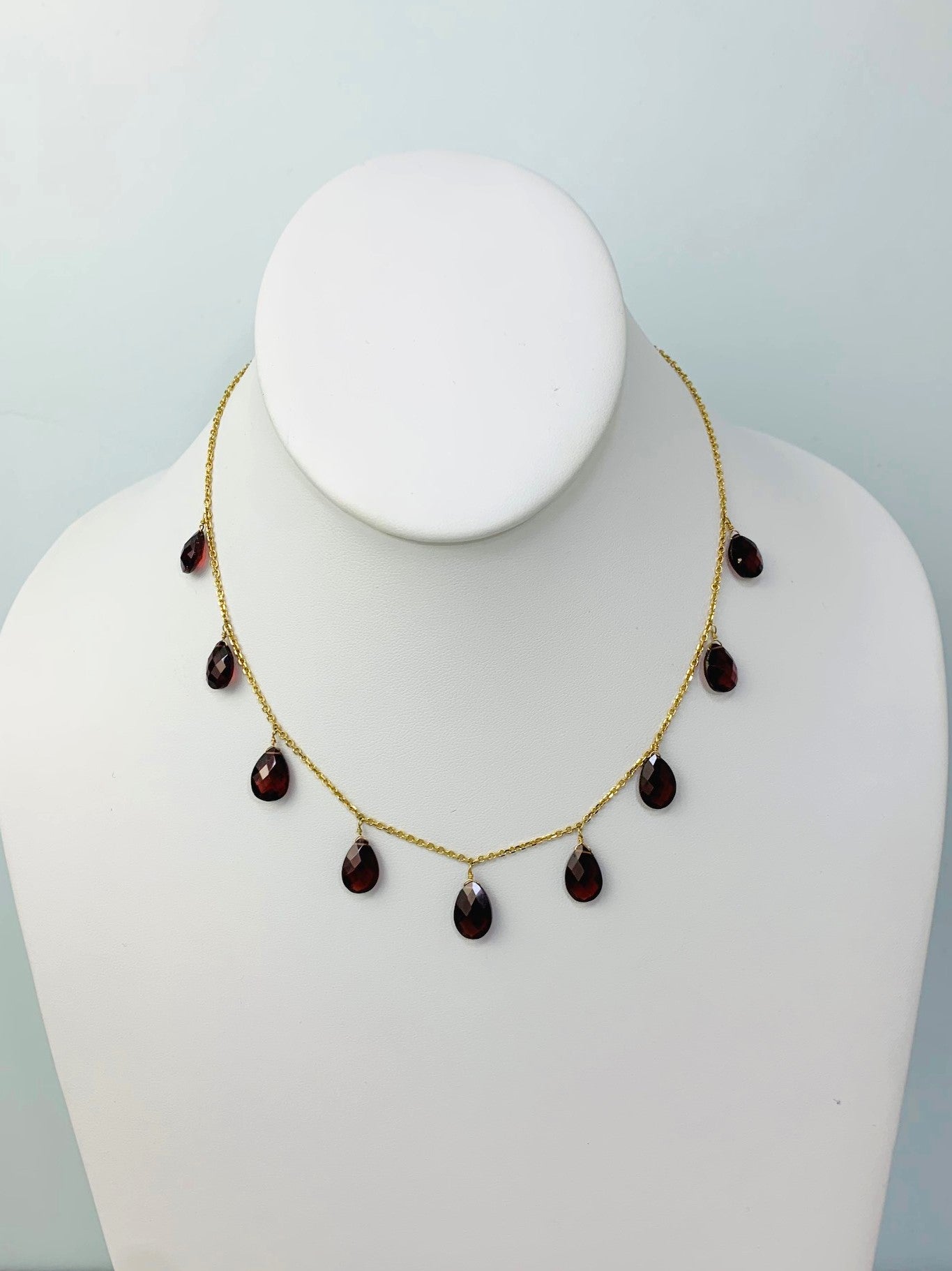 Clearance Sale! - 15-16" Garnet 9 Station Pear Dangle Necklace in 14KY - NCK-408-DNGGM14Y-GNT-16
